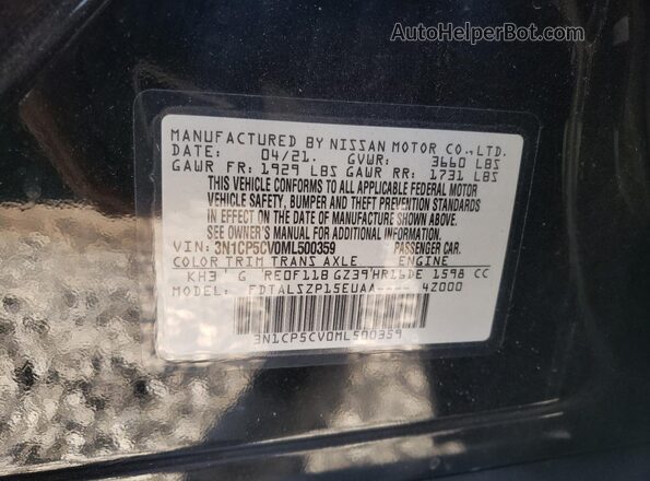 3N1CP5CV0ML500359 2021 NISSAN KICKS Black VIN sticker view