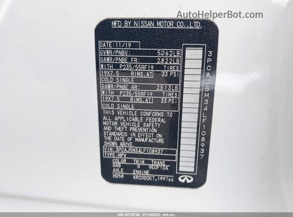 3PCAJ5M34LF108937 2020 INFINITI QX50 Белый Вид подкапотного пространства