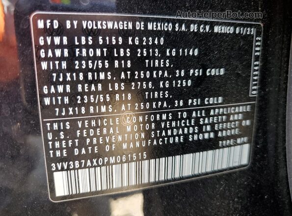 3VV3B7AX0PM061515 2023 VOLKSWAGEN TIGUAN Black Widok naklejki z numerem VIN