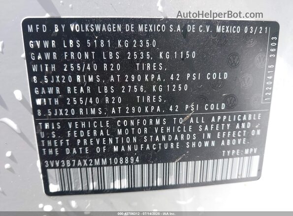 3VV3B7AX2MM108894 2021 VOLKSWAGEN TIGUAN White Widok komory silnika