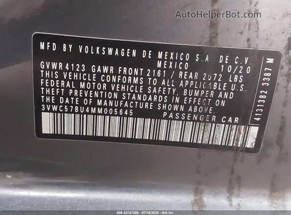 3VWC57BU4MM005645 2021 VOLKSWAGEN JETTA Серый Вид подкапотного пространства