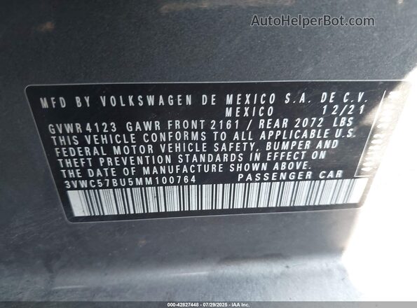 3VWC57BU5MM100764 2021 VOLKSWAGEN JETTA Gray Շարժիչի բաժամունքի տեսք