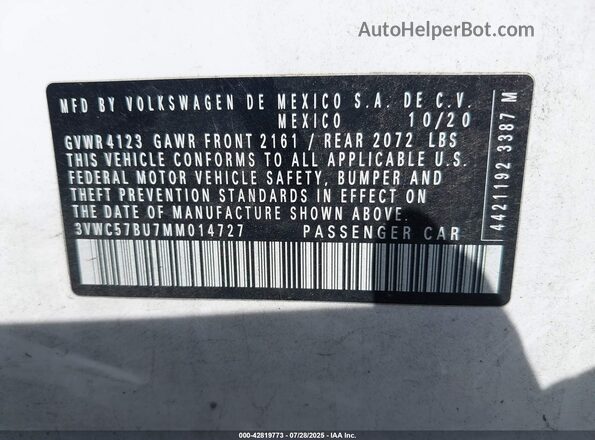3VWC57BU7MM014727 2021 VOLKSWAGEN JETTA White Вид підкапотного простору