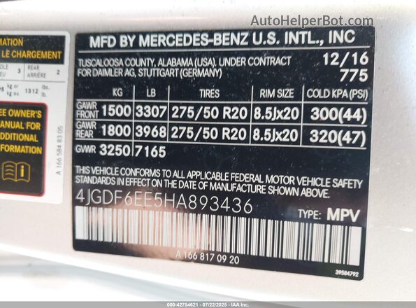 4JGDF6EE5HA893436 2017 MERCEDES-BENZ GLS 450 Silver Widok komory silnika