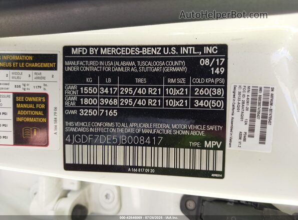 4JGDF7DE5JB008417 2018 MERCEDES-BENZ GLS 550 White Widok komory silnika