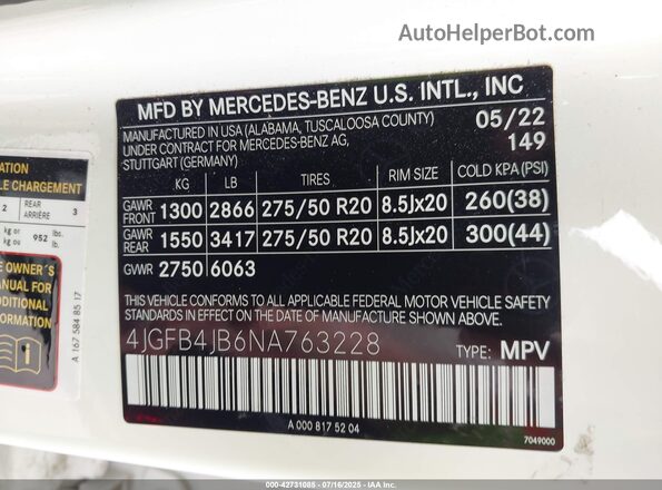 4JGFB4JB6NA763228 2022 MERCEDES-BENZ GLE 350 White Widok komory silnika