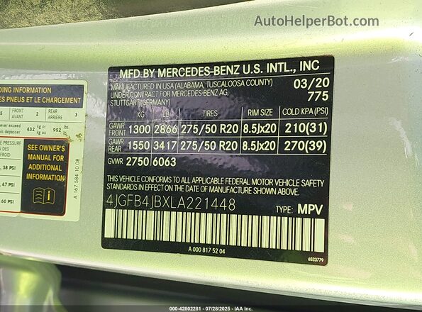 4JGFB4JBXLA221448 2020 MERCEDES-BENZ GLE Silver Vista del compartimento del motor