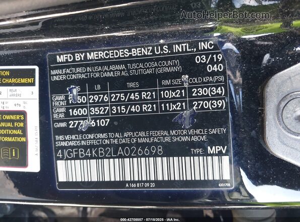 4JGFB4KB2LA026698 2020 MERCEDES-BENZ GLE Black Widok komory silnika
