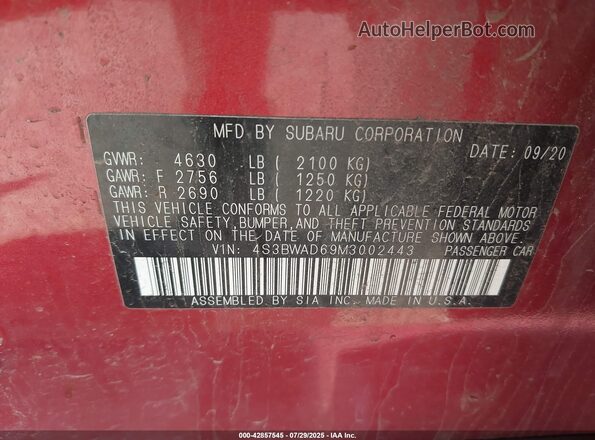 4S3BWAD69M3002443 2021 SUBARU LEGACY Red Շարժիչի բաժամունքի տեսք