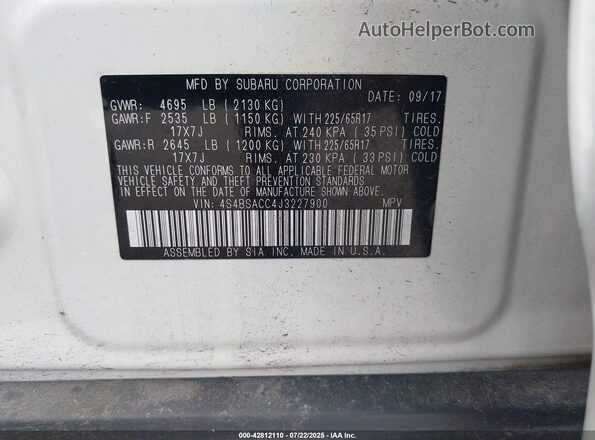 4S4BSACC4J3227900 2018 SUBARU OUTBACK Белый Вид подкапотного пространства