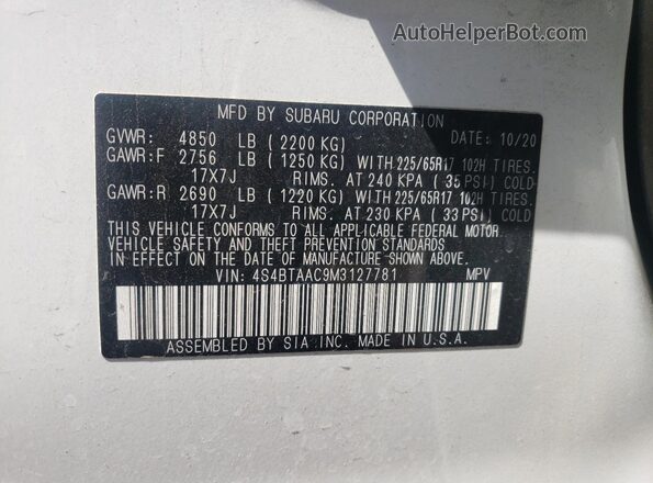 4S4BTAAC9M3127781 2021 SUBARU OUTBACK White Widok naklejki z numerem VIN