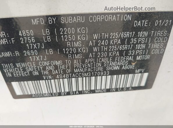 4S4BTACC5M3170933 2021 SUBARU OUTBACK White Engine compartment view