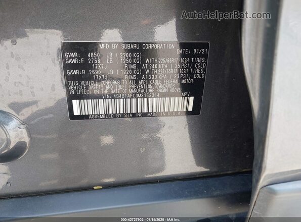 4S4BTAFC3M3163314 2021 SUBARU OUTBACK Серый Вид подкапотного пространства