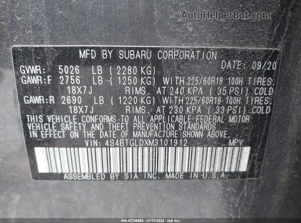 4S4BTGLDXM3101912 2021 SUBARU OUTBACK Gray Vista del compartimento del motor