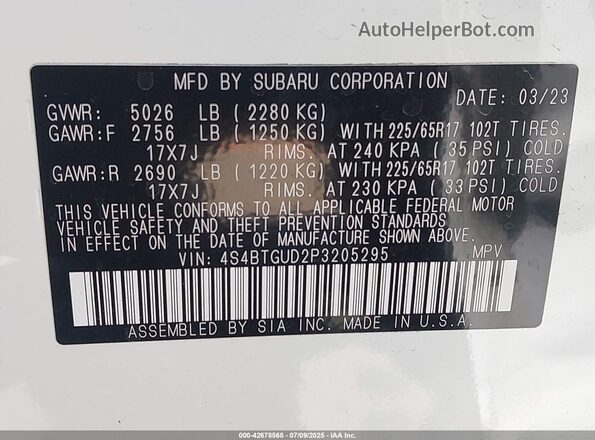 4S4BTGUD2P3205295 2023 SUBARU OUTBACK Белый Вид подкапотного пространства