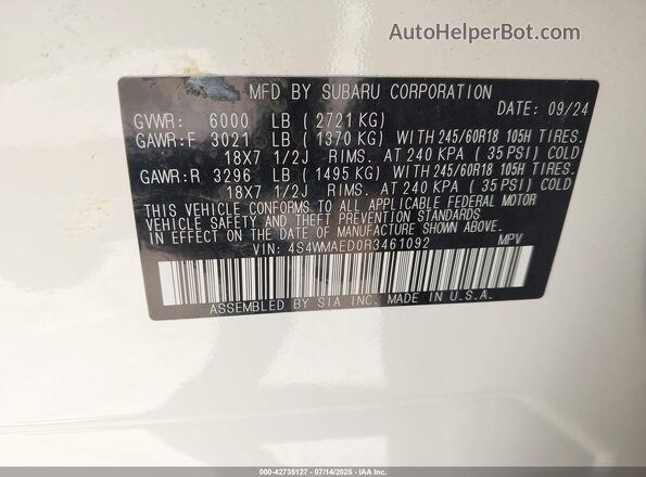 4S4WMAED0R3461092 2024 SUBARU ASCENT Белый Вид подкапотного пространства