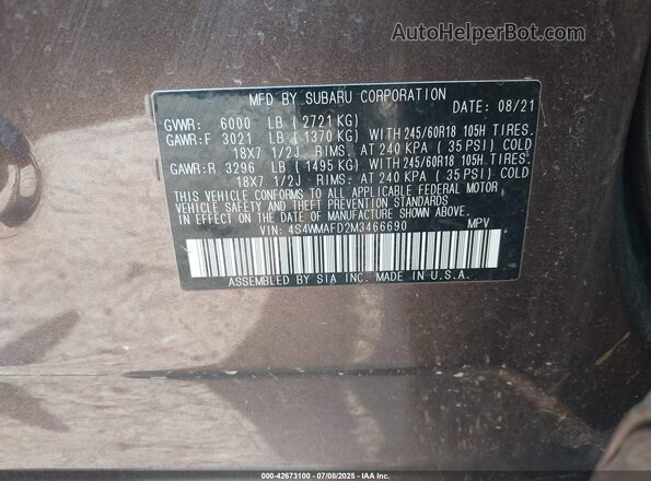 4S4WMAFD2M3466690 2021 SUBARU ASCENT Коричневый Вид подкапотного пространства