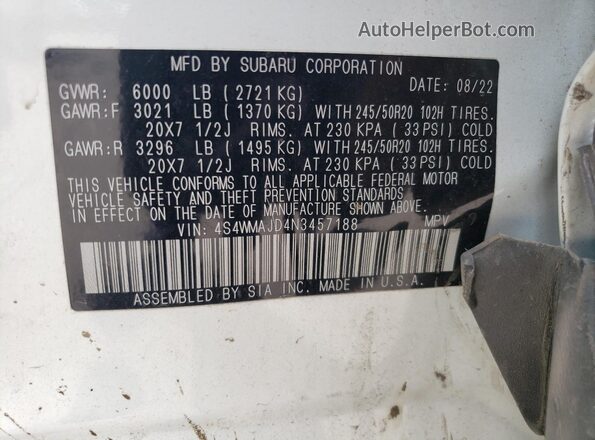 4S4WMAJD4N3457188 2022 SUBARU ASCENT White Widok komory silnika