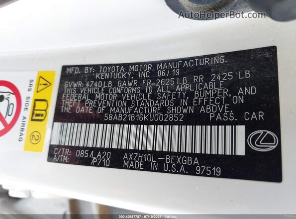 58AB21B16KU002852 2019 LEXUS ES 300H Бирюзовый Вид подкапотного пространства