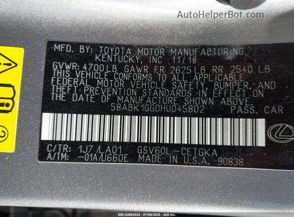58ABK1GG0HU045802 2017 LEXUS ES Beige ძრავის განყოფილების ხედი