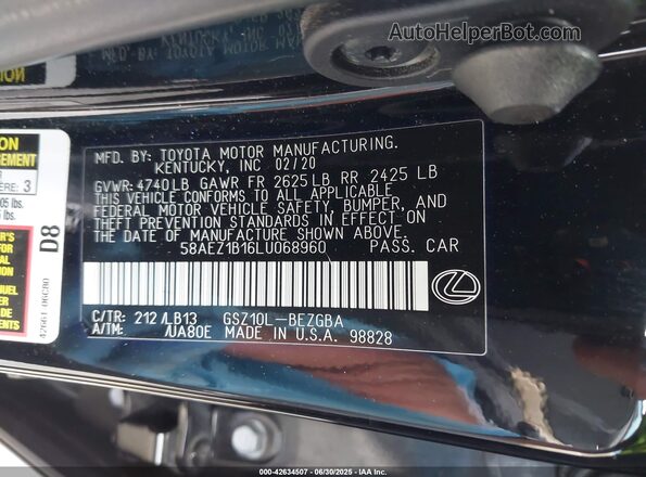 58AEZ1B16LU068960 2020 LEXUS ES 350 Черный Вид подкапотного пространства