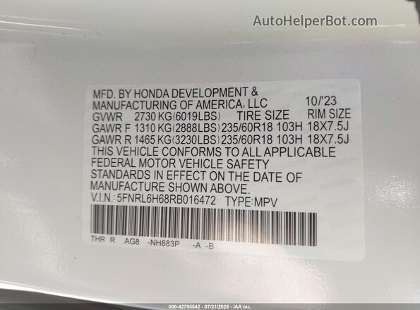 5FNRL6H68RB016472 2024 HONDA ODYSSEY Белый Вид подкапотного пространства
