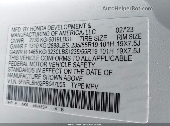 5FNRL6H82PB047005 2023 HONDA ODYSSEY White Շարժիչի բաժամունքի տեսք