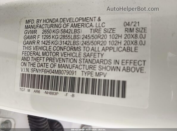 5FNYF6H04MB079091 2021 HONDA PILOT White Вид підкапотного простору