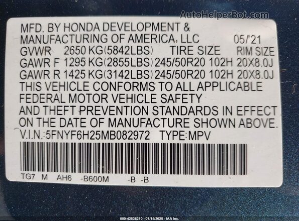 5FNYF6H25MB082972 2021 HONDA PILOT Blue Widok komory silnika