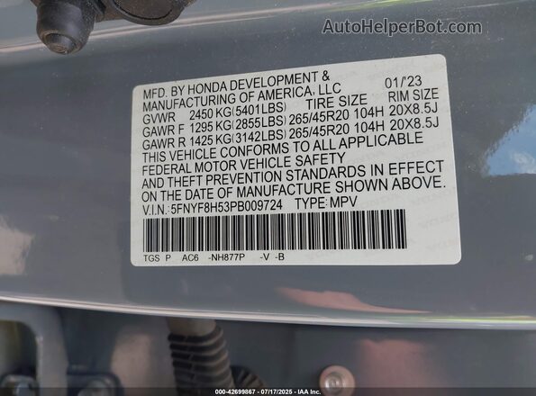 5FNYF8H53PB009724 2023 HONDA PASSPORT Gray Вид підкапотного простору