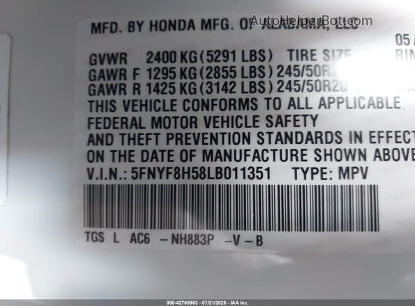 5FNYF8H58LB011351 2020 HONDA PASSPORT White Engine compartment view