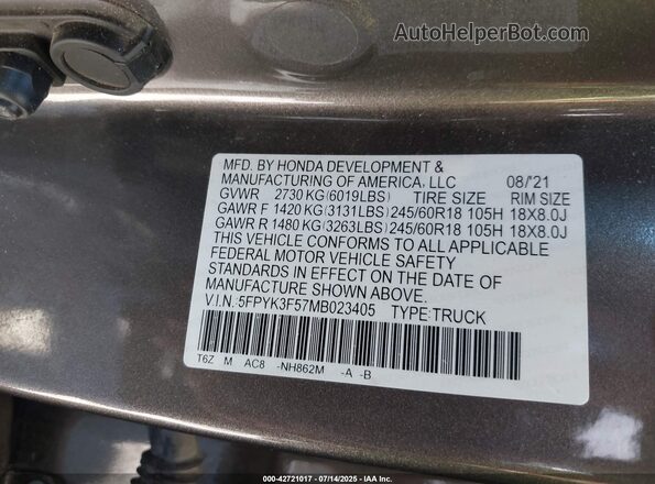 5FPYK3F57MB023405 2021 HONDA RIDGELINE Gray ძრავის განყოფილების ხედი