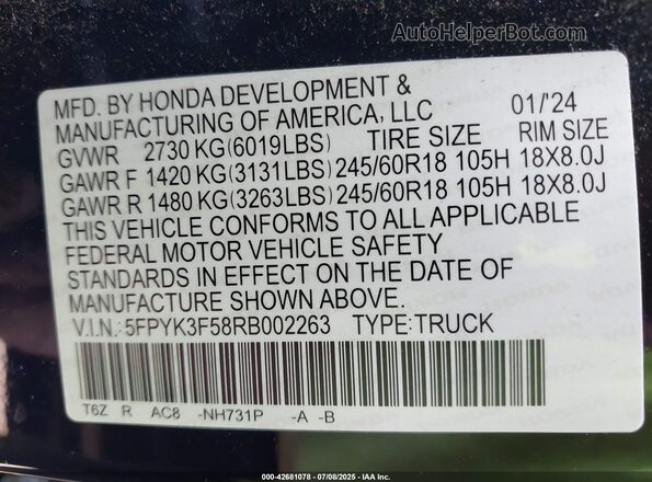 5FPYK3F58RB002263 2024 HONDA RIDGELINE Черный Вид подкапотного пространства