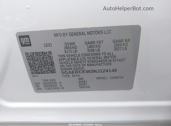 5GAERCKW3NJ124149 2022 BUICK ENCLAVE Белый Вид подкапотного пространства
