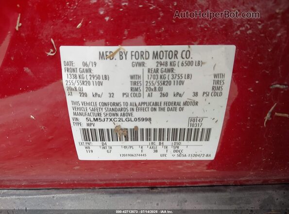5LM5J7XC2LGL05998 2020 LINCOLN AVIATOR Red Widok komory silnika