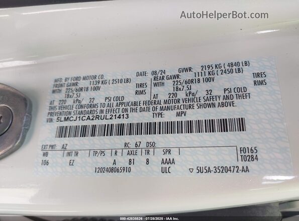 5LMCJ1CA2RUL21413 2024 LINCOLN CORSAIR White Շարժիչի բաժամունքի տեսք