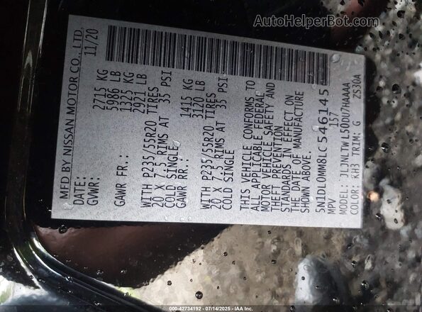5N1DL0MM8LC546145 2020 INFINITI QX60 Black Вид підкапотного простору