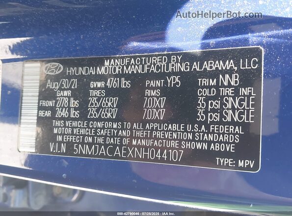 5NMJACAEXNH044107 2022 HYUNDAI TUCSON Синий Вид подкапотного пространства