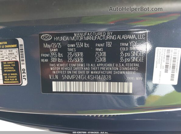 5NMP24GL4SH147828 2025 HYUNDAI SANTA FE Blue Engine compartment view