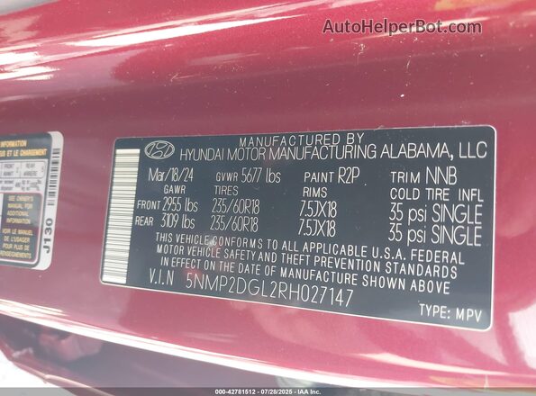 5NMP2DGL2RH027147 2024 HYUNDAI SANTA FE Red ძრავის განყოფილების ხედი