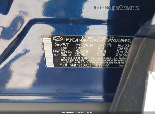 5NMS3DAJ8NH396443 2022 HYUNDAI SANTA FE Blue ძრავის განყოფილების ხედი