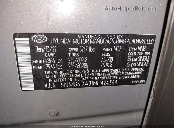 5NMS6DAJ1NH424364 2022 HYUNDAI SANTA FE Gray Вид підкапотного простору