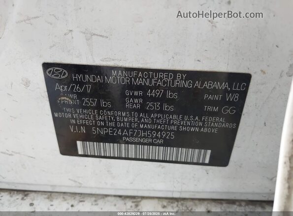 5NPE24AF7JH594925 2018 HYUNDAI SONATA Белый Вид подкапотного пространства