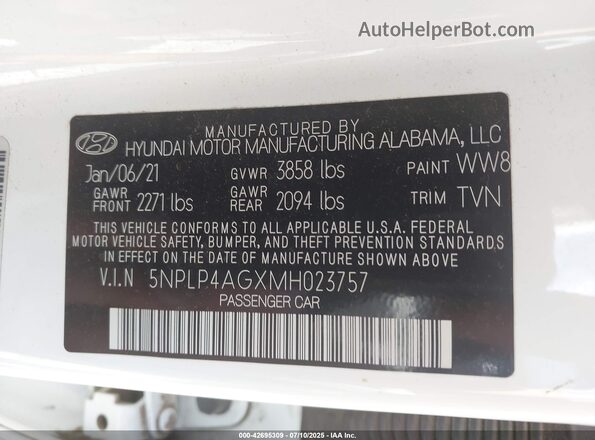 5NPLP4AGXMH023757 2021 HYUNDAI ELANTRA White Вид підкапотного простору