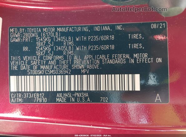 5TDDSKFC5MS036942 2021 TOYOTA SIENNA Red Vista del compartimento del motor
