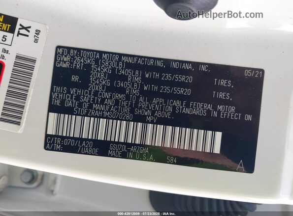 5TDFZRAH1MS070280 2021 TOYOTA HIGHLANDER White Вид підкапотного простору