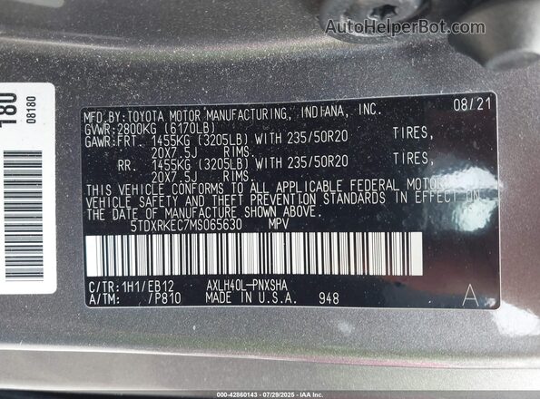 5TDXRKEC7MS065630 2021 TOYOTA SIENNA Gray Вид підкапотного простору