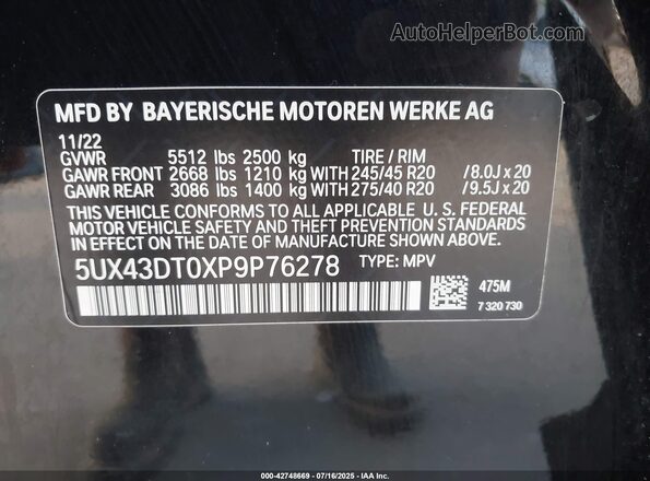 5UX43DT0XP9P76278 2023 BMW X4 Black ძრავის განყოფილების ხედი