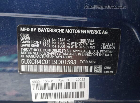 5UXCR4C01L9D01593 2020 BMW X5 Blue Vista del compartimento del motor