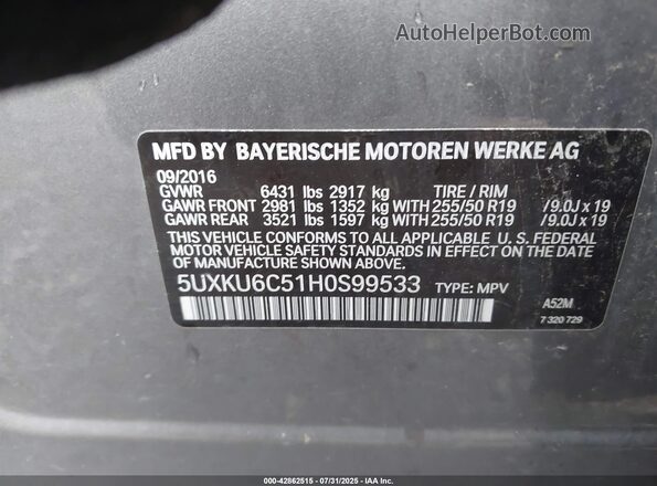 5UXKU6C51H0S99533 2017 BMW X6 Pewter Вид подкапотного пространства